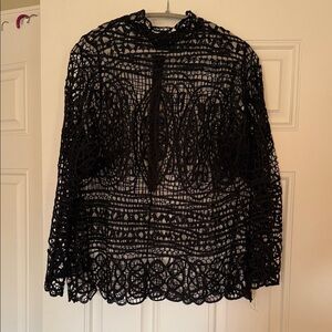Lane Bryant Black Crochet Openwork Top with Zipper Detail